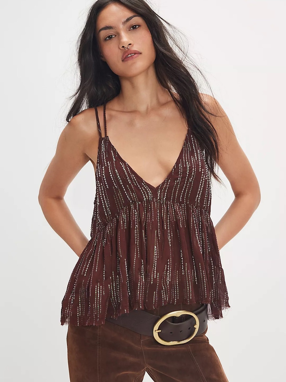 Free People Brown Metallic Stripe Tank Top